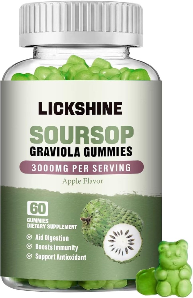 1 Pack Soursop Graviola Gummies - 3000mg Extra Strength Soursop Leaves Supplement met vitamine C, zink - Digestieve hulp, Immune Support & Antioxidant - Sugar-Free, Non-GMO, Veganist, 60 Counts