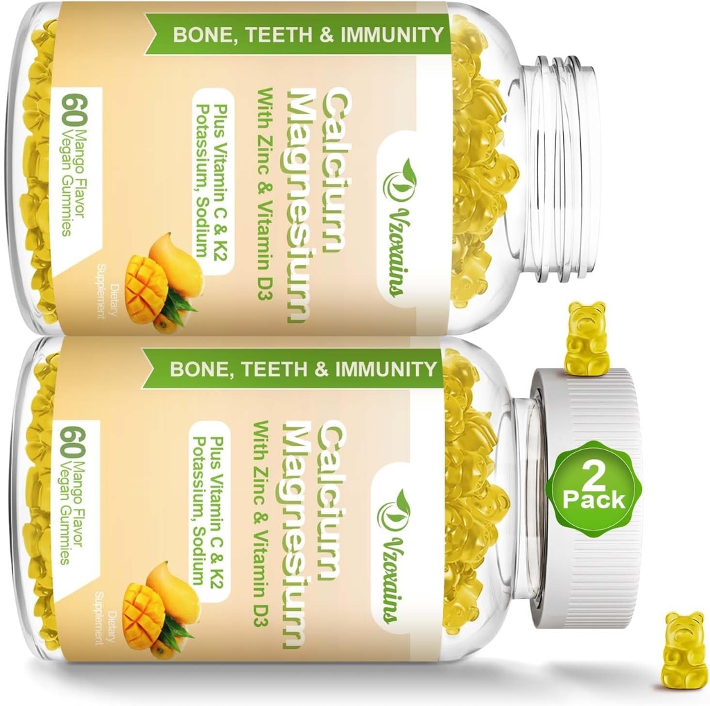 Hoge Absorptie Calcium Gummies, Calcium Magnesium Zink met Magnesium Glycinaat, Kalium, Vitamine D3 voor Vrouwen & Men- Mango Smaak 120 Ct
