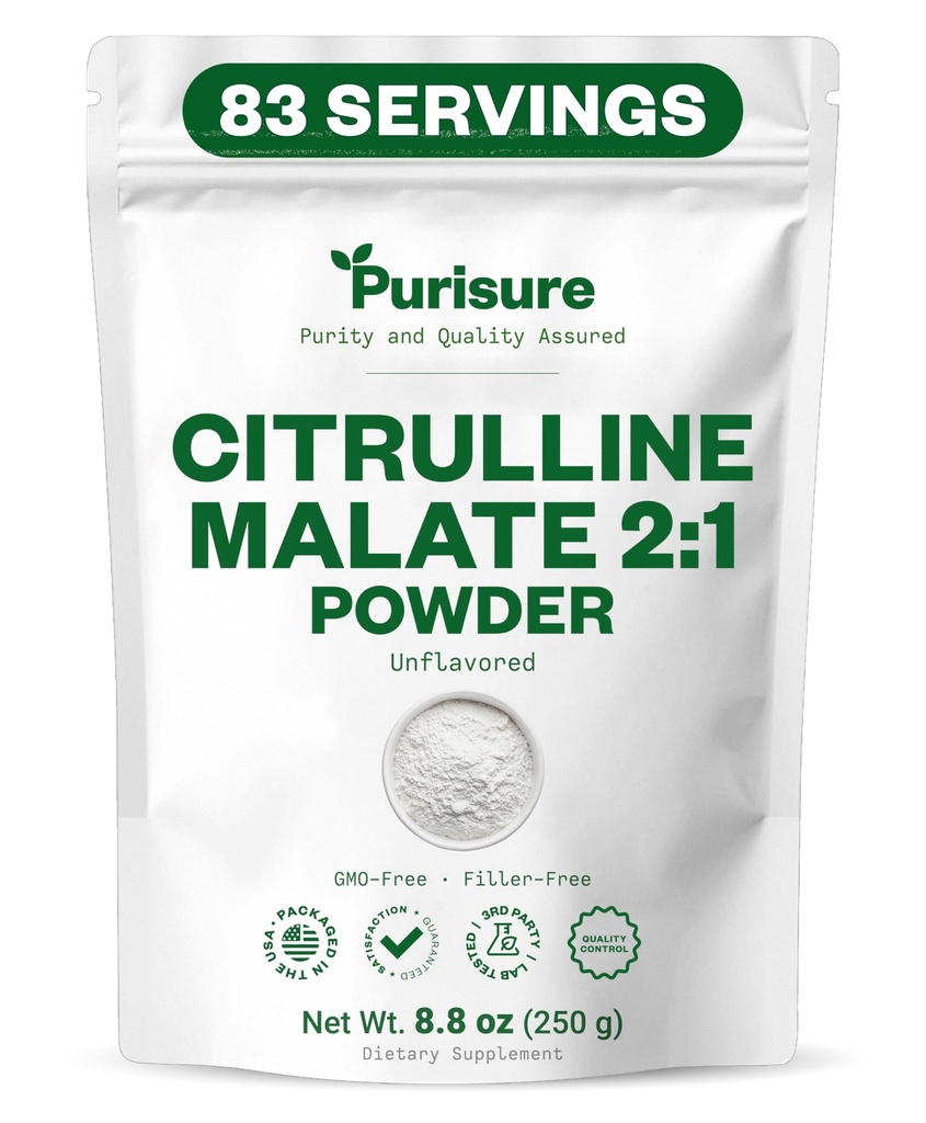 Purisure L-Citrulline poeder 250g, Premium Citrulline 2:1 Malate supplement voor krachtprestaties en energie, pre-workout Citrulline Malate poeder - Verbeter spierpompen en herstel - 83 porties