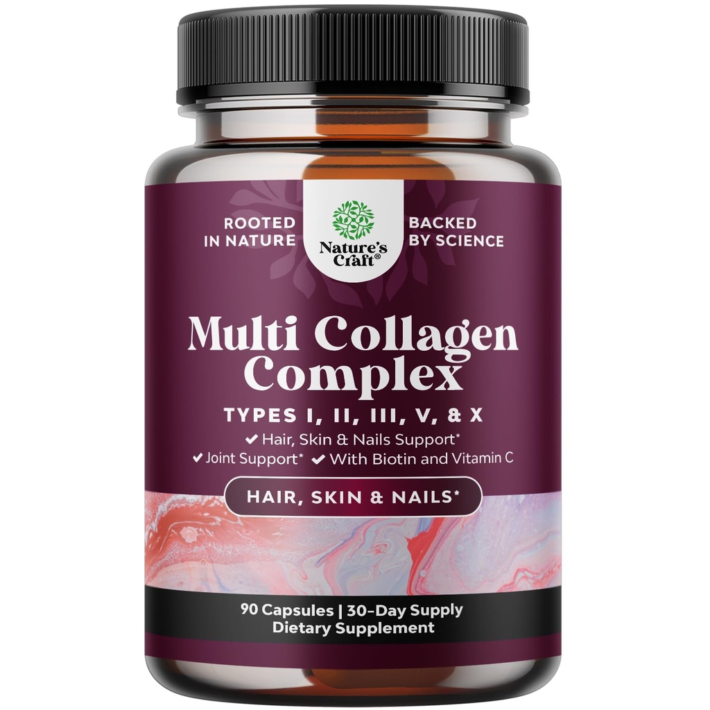 Advanced Multi Collageen Complex - Ageless Multi Collageen Peptides Supplementen met type 1 2 3 5 & X & Biotine voor haar, huid en nagels Vitaminen - Biotine Supplementen voor vrouwen en mannen - 90 Tel.