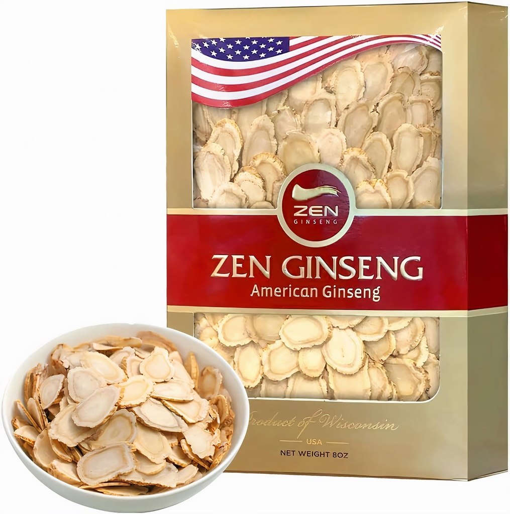 Zen American Wisconsin Ginseng Slices Verbeterde energie, prestaties en geestelijke gezondheid voor mannen en vrouwen (8oz. Kader)