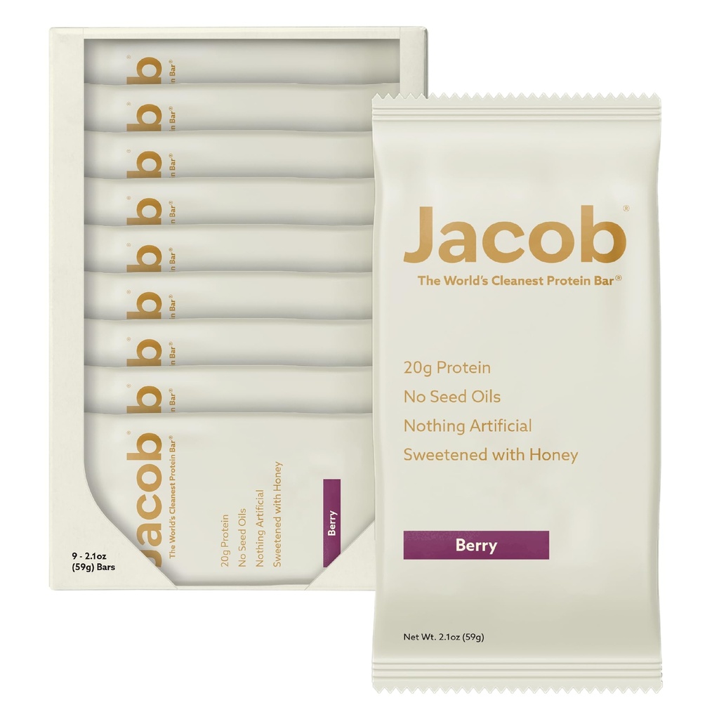 Jacob Bar, Proteine Bars, Gemengde Berry (9 Bars Totaal) - 20g Gras-Fed Proteïne, Geen Zaad Oliën, Niets Kunstmatig