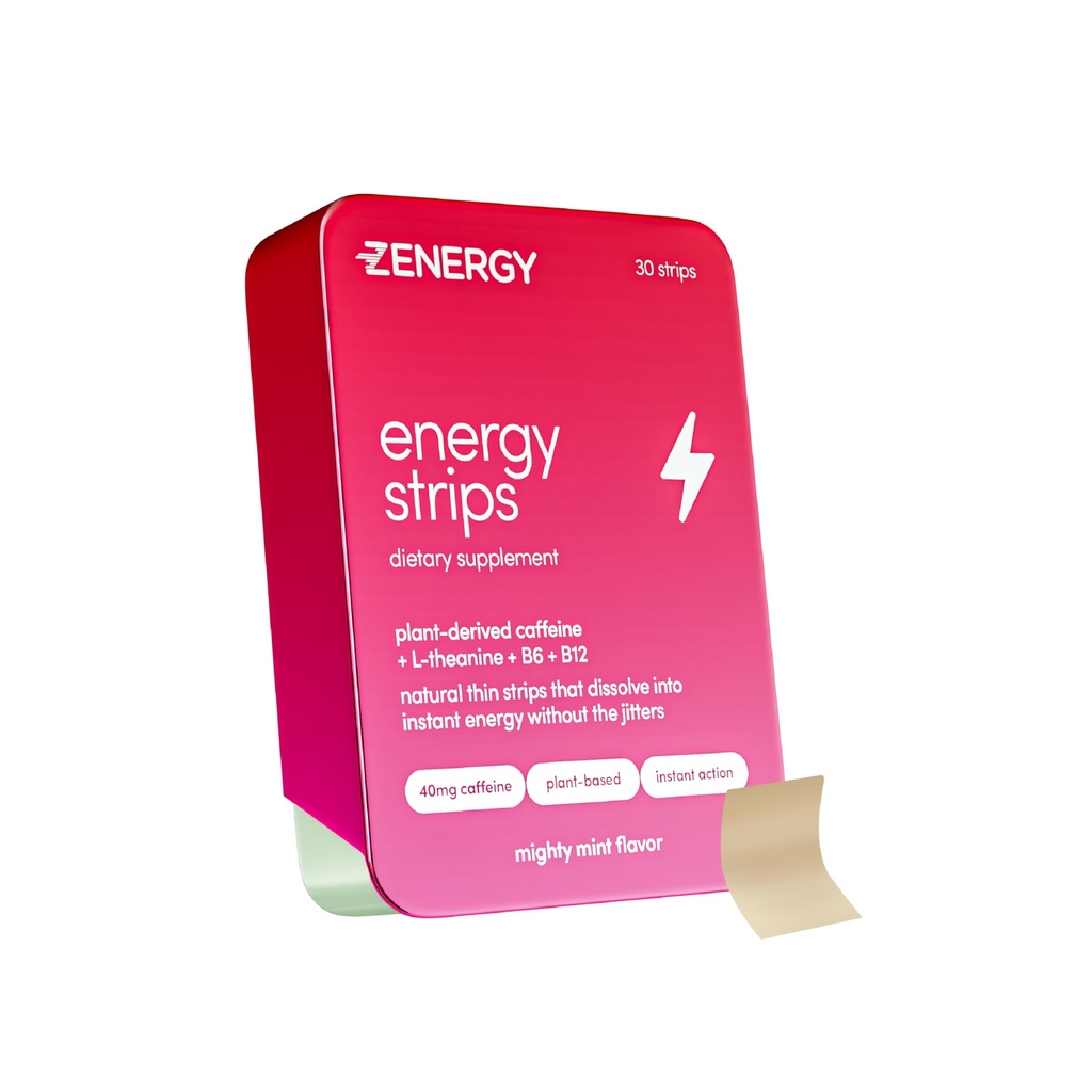 ZENERGY Énergie Bandes Orales - Flacon de Menthe 40mg Caféine + 30mg L-Theanine + 100% Vitamine B6 & B12.00 0 Sucre, 0 Calories, 0 Gluten, 0 Aspartame, végétalien, à base végétale, Action instantanée.