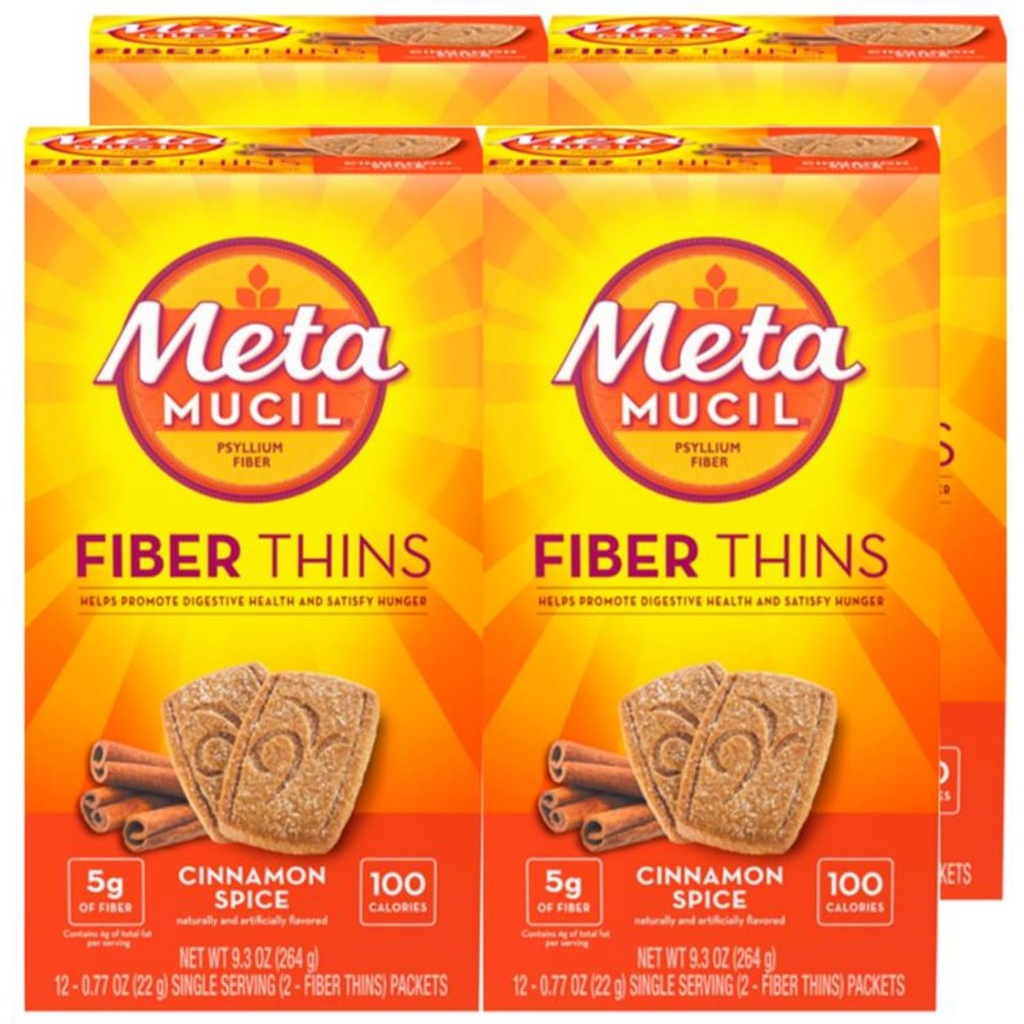 Metamucil Fiber Thins, Daily Fiber Supplement Snack, Psyllium Husk Powder, 5g Fiber per Serving, Ondersteunt Decompensative Health en Tevredenheden Honger, Kaneel Spice Flavor, pak van 4, 12 Servings elk