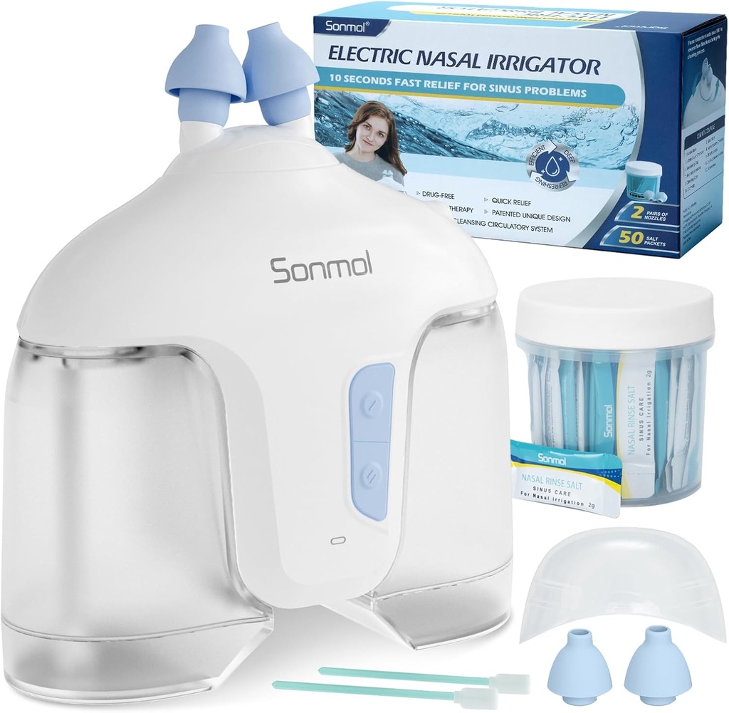 Sonmol Electric Nasal Irrigation System (Nasal Irrigation, Blanc), Nettoyeur Nez pour Sinus Adulte, Nettoyeur Nasal auto-nettoyant avec 50 Packets Saline