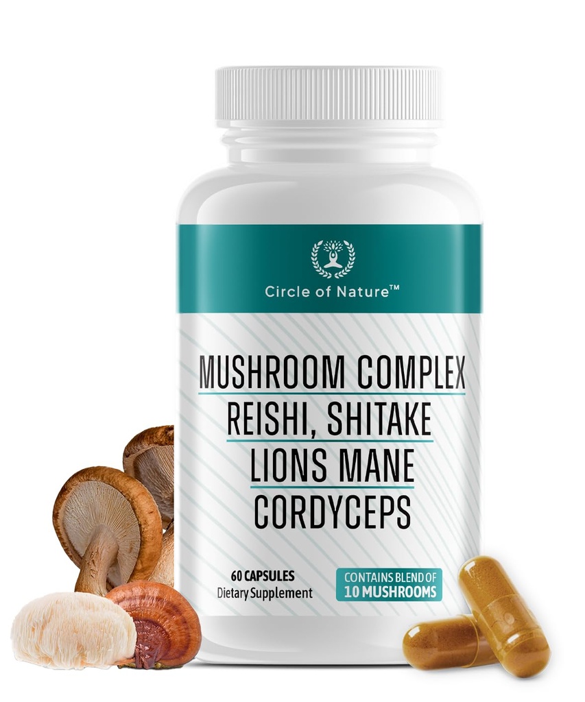 Brain Booster Mushroom Complex Supplement, Natuurlijke Mood Uplifter met 10 Functie Paddenstoelen, Lions Mane, Reishi, Cordyceps en 7 Meer in Capsules 1330mg Made in USA, 60 Capsules