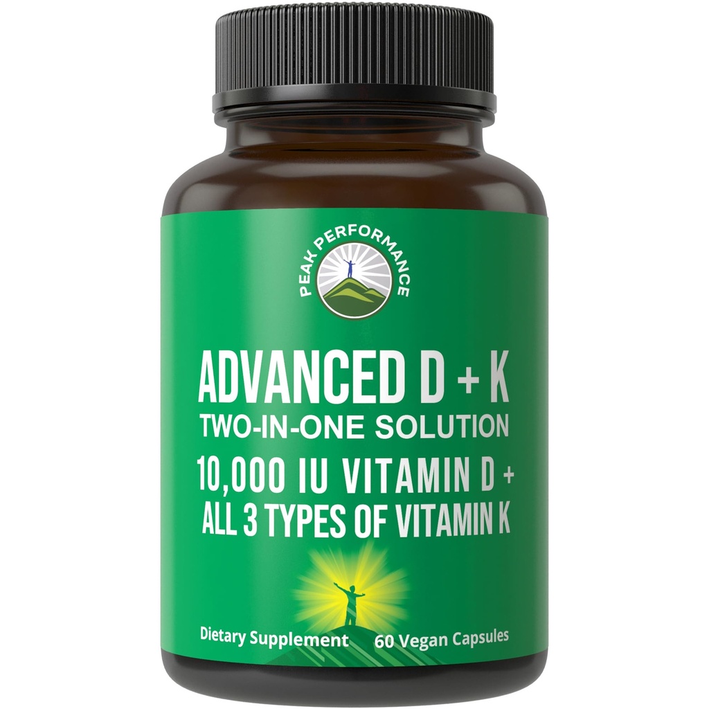 Performance maximale de la vitamine D 10000 UI avec tous les 3 types de vitamine K - 10 000 vitamine D3 et vitamine K2, K1, MK-7 (MK7), MK4 Capsules Supplément - 60 petites pilules faciles à avaler