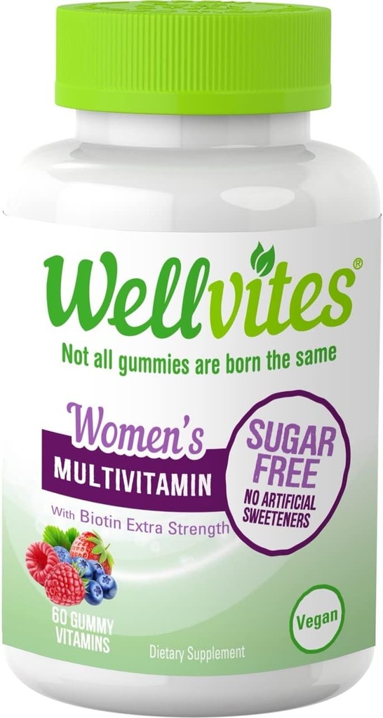 Wellvites Suikervrije Multivitamine Gummies voor vrouwen met Biotine, Vegan, Non-GMO - Vitaminen voor vrouwen, Vitamine A, B6, en B12, Geen kunstmatige zoetstoffen, Gluten-vrij,60 Tellen (30 dagen levering)