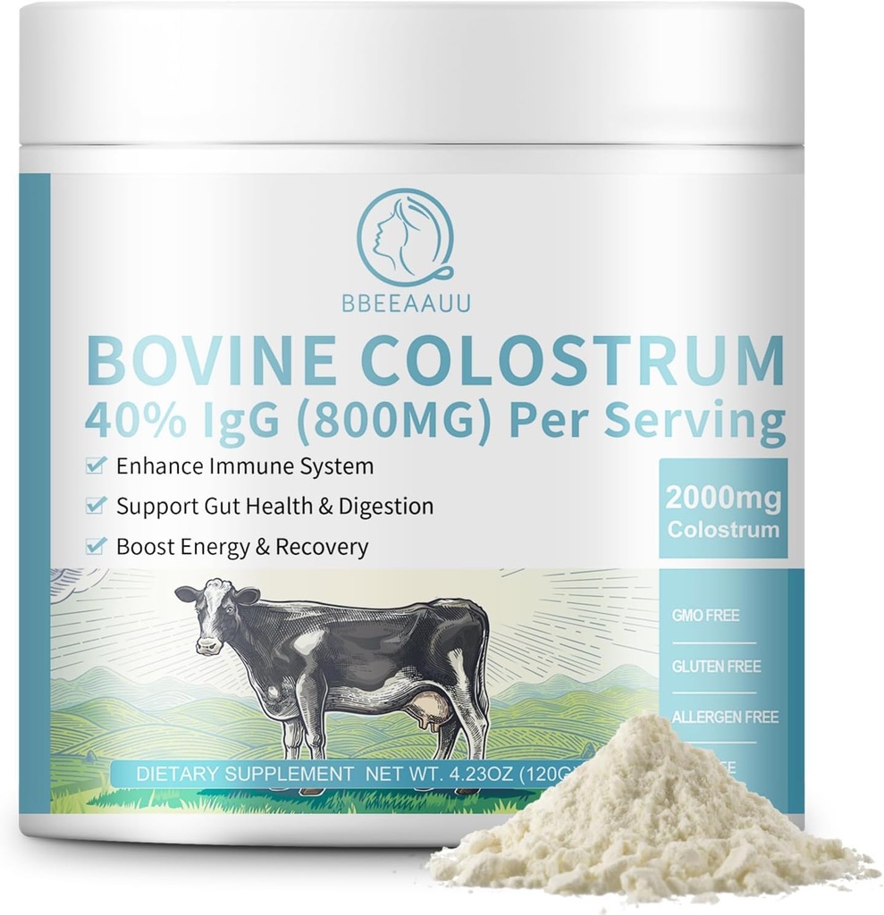 Bovine Colostrum Supplement 2000mg, Colostrum Powder 40% IgG Immunoglobulins for Immune Support, Hair Growth, Gut Health, Muscle, Energy - 100% Grass Fed, Gluten-Free, Non-GMO, 120 Grams