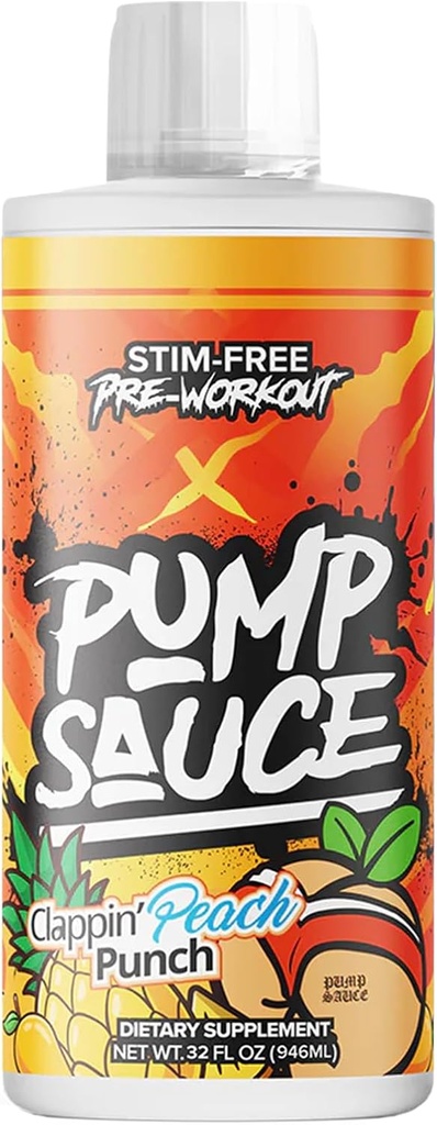 Pompsaus Pre-workout - 32 oz, Clappin Peach Punch, Geen cafeïne, volledig spectrum vloeibaar, glutenvrij, veganistisch, Zero Sugar