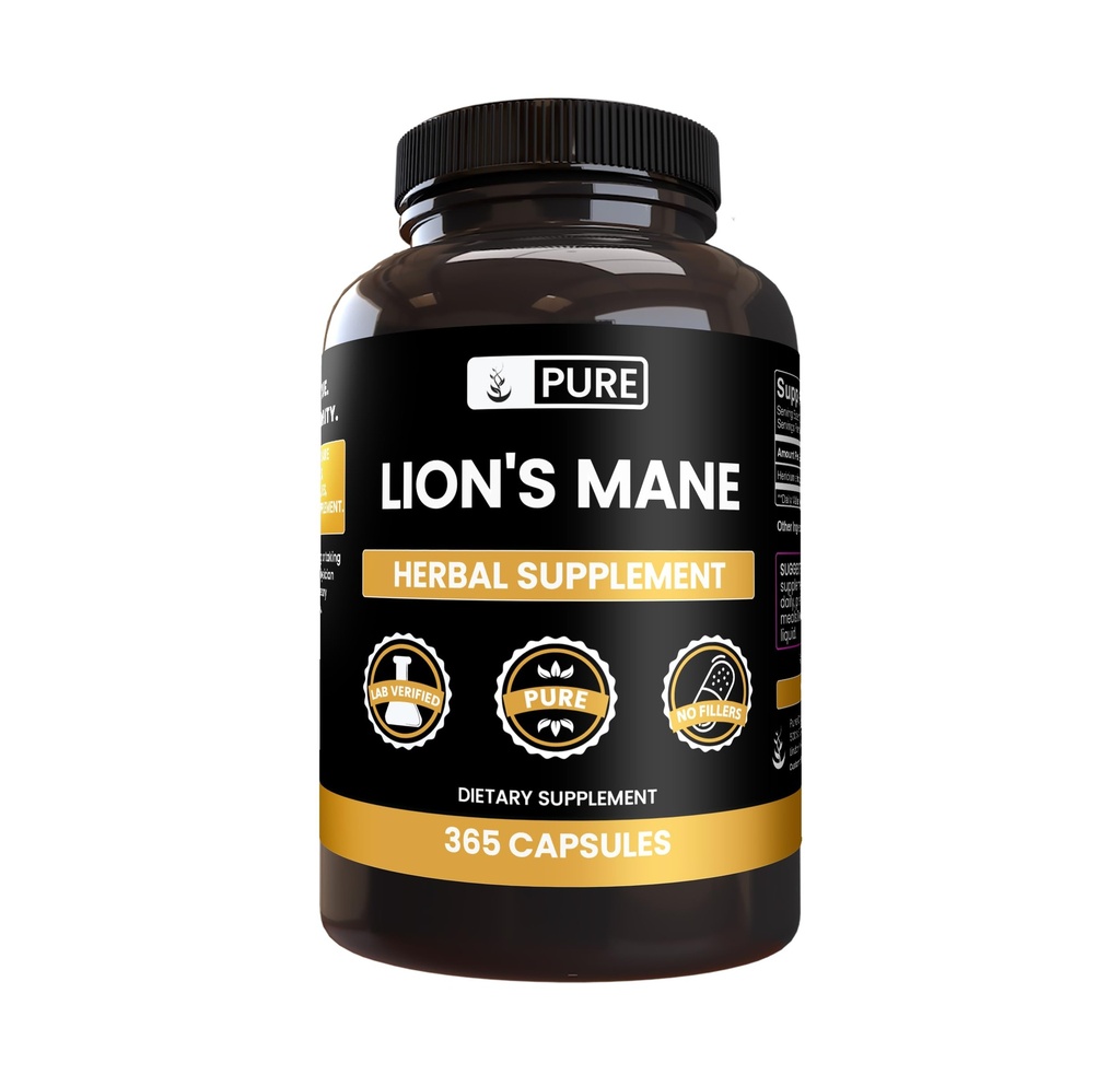 PURE ORIGINEEL INGREDIËNTEN Lion's Mane Capsules, Geen Magnesium of Rijst Fillers, altijd zuiver (365 capsules)