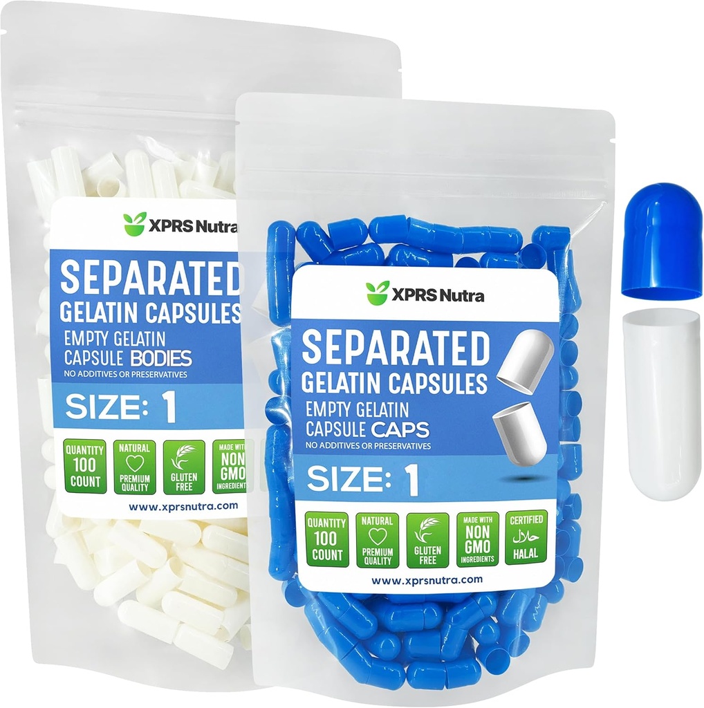 XPRS Nutra Maat 1 Gelatine Gescheiden Capsules - 100 Graaf Lege pil Capsules gescheiden in zakken - Lege pillen voor DIY supplement vullen (Blauw/Wit)