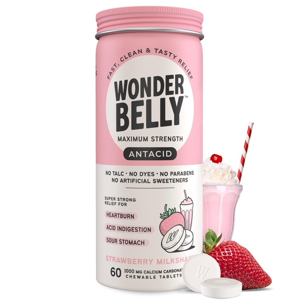 Wonderbaarlijk Antacida, Effectieve brandend maagzuur en Instant Acid Indigestie Verlichting, Extra sterkte Kauwtabletten, 1000 mg Calcium Carbonaat, Geen Talk of Dye, Aardbei Milkshake, 60 Tellen