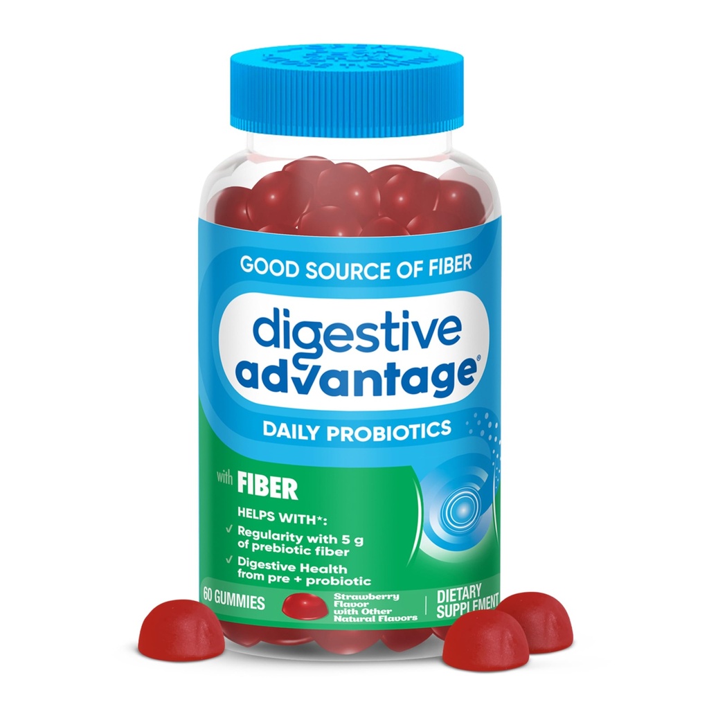 Avantage digestif Gommies de fibre prébiotique + probiotiques pour la santé des gourdes, 5g Fibre prébiotique Plus 1 milliard UFC Probiotique, soutient la santé digestive et la régularité, (60ct bouteille) Arôme frais*