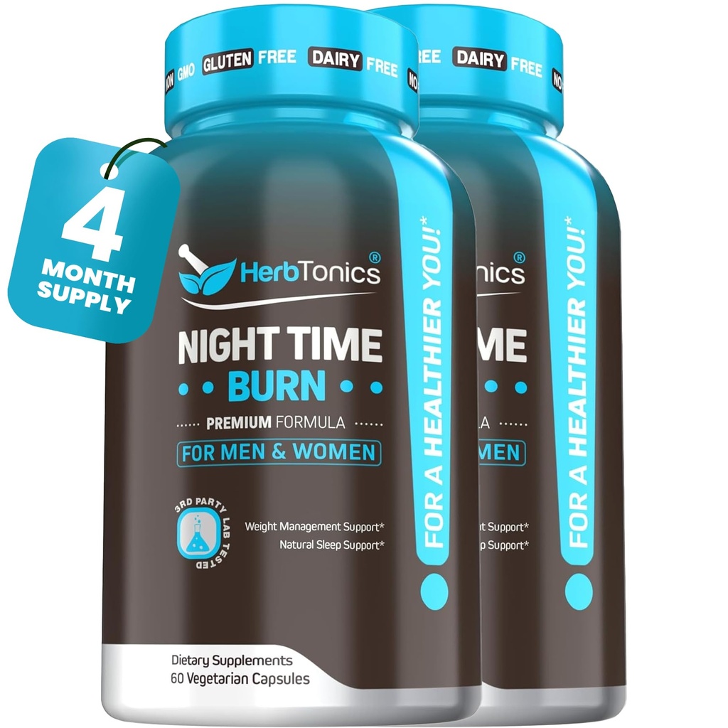 Herbtonics Night Time Burn & Sleep Complex ondersteunt 's nachts metabolisme, stress verlichting en diepe slaap. Inclusief Melatonine, Valeriaan en Green Tea, Vegan Bedtime Weight Management (120 capsules)