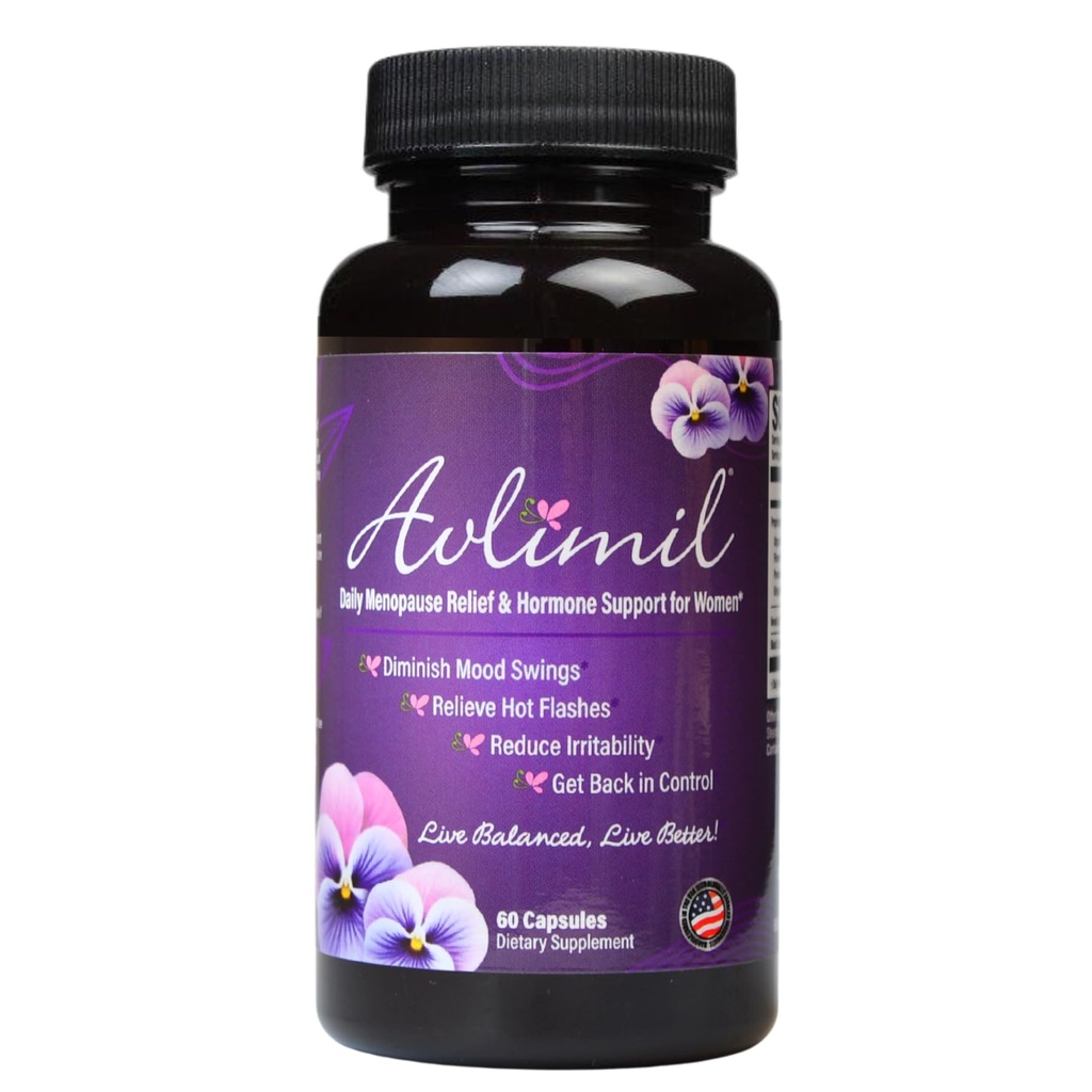 Avlimil® Hormone Balance & Ménopause Support de la ménopause - Isoflavones, Black Cohosh, Raspberry, Valérian, Sage, Red Clover, Lemon Baume - 1 mois