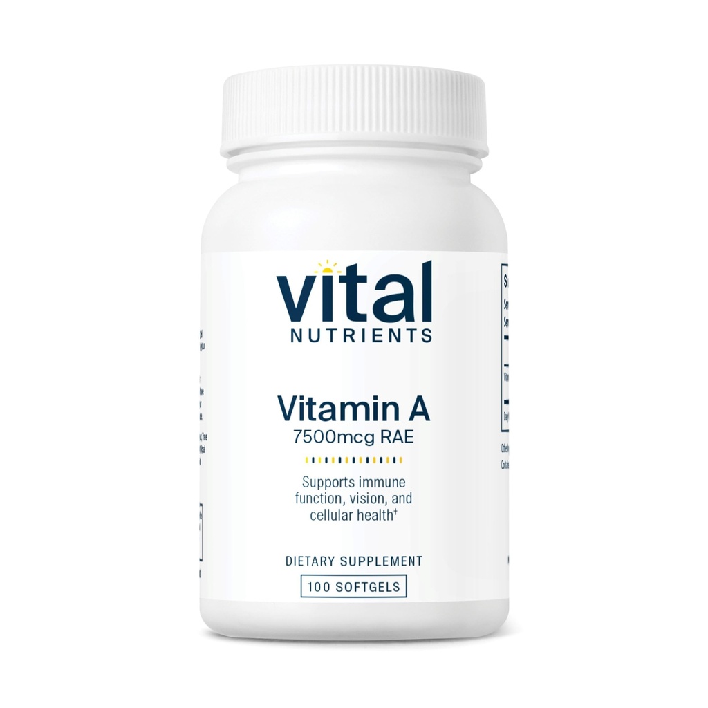 Nutriments vitaux Vitamine A 7500mcg RAE.com Vitamine A supplément pour la fonction immunitaire, la vision, la peau et la santé cellulaire.