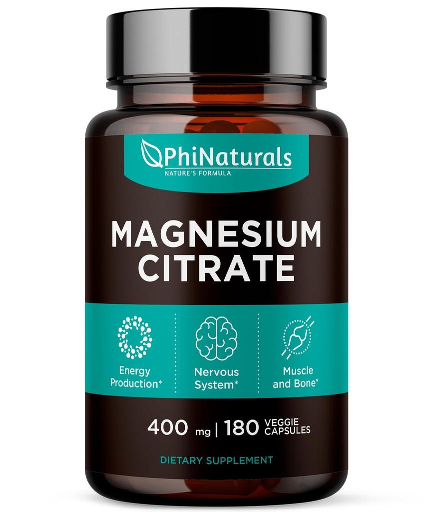 Capsules de poudre de citrate de magnésium 400mg - 180Capsules de Vég.-PhiNaturals - Support du système nerveux et fonction enzymatique