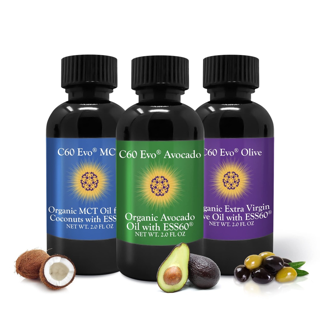 C60 Evo All-Natural Eetbare Oliën, Mini Oil Sampler set met Pure C60 ESS60, Immune Ondersteuning en Gezamenlijke Ondersteuning Supplement met Olijfolie, Avocado Oil & MCT Coconut Oil, Set van 3, 2 oz