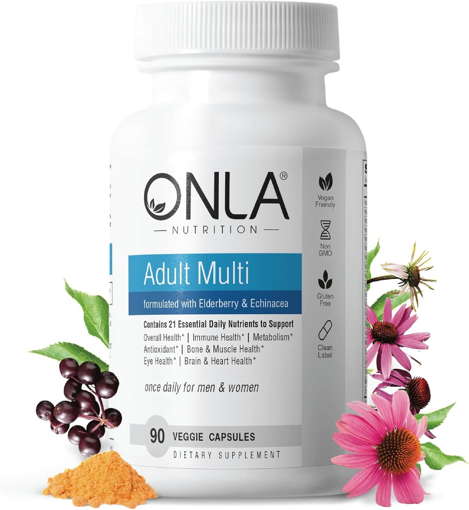 ONLA Vlierbessensupplementen voor vrouwen 80mg - Vegan Multivitaminen voor Immune Ondersteuning met Echinacea & Vlierbessen - Non-GMO, Glutenvrije Dagelijkse Capsules-3 Maanden Levering (Experiry May 2025)