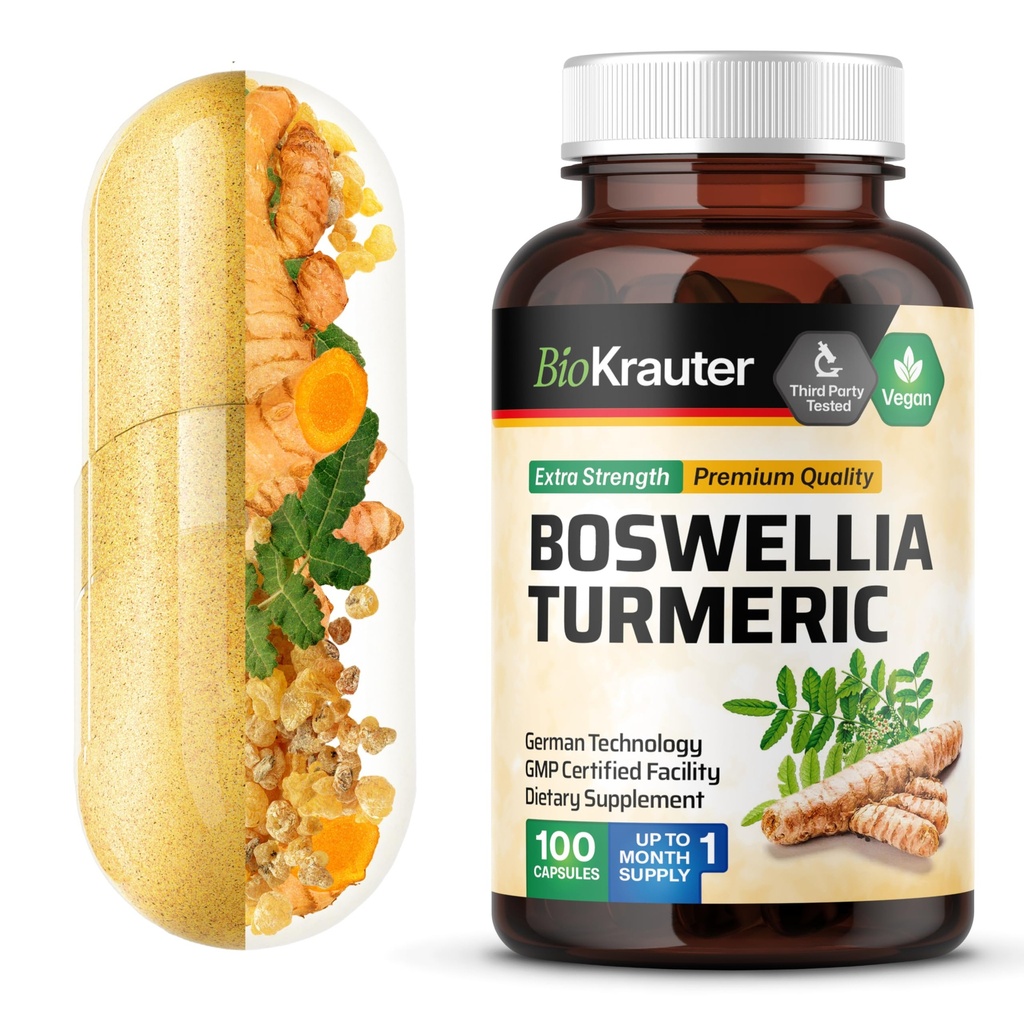 BIO KRAUTER Kurkuma supplement met Boswellia Extract Capsules - 2000 mg Blend - 100 Telling - Vegan Boswellia Turmeric (Curcumin) - Formule w/Black Pepper