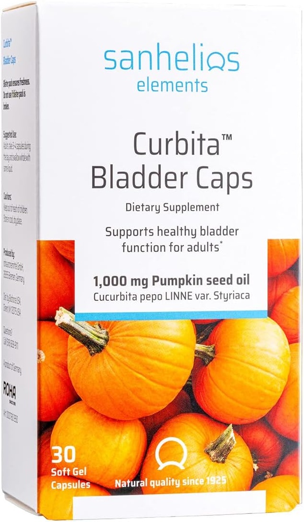 Sanhelios Curbita Bladder Caps Huile de graines de citrouille 1000mg - Supplément de soutien à la fonction saine pour les hommes et les femmes - Non-OGM, sans sucre, sans conservateur, sans gluten - 30 Capsules Softgel