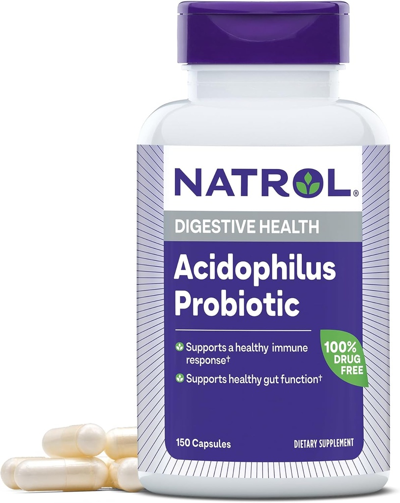 Natrol Acidophilus Probiotic 100 mg, supplément alimentaire pour une fonction git saine, capsules de santé digestive pour adultes, 150 capsules, jusqu'à un approvisionnement de 50 jours