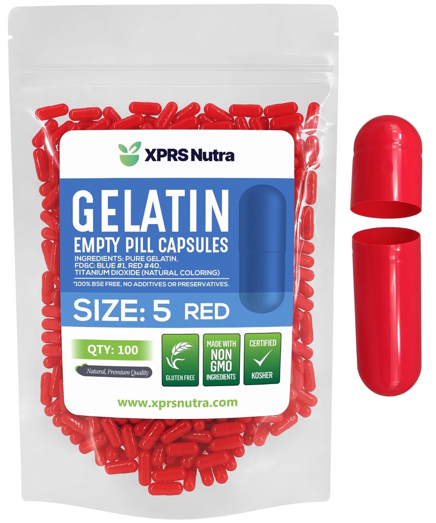 XPRS Nutra Maat 5 Lege Capsules - 100 Tellen Zeer kleine Lege Gelatine Capsules - Pillen DIY Capsule vullen - Vulbare Pill Gel Caps voor Do-It-Yourself Vitamine Supplementen (Rode)