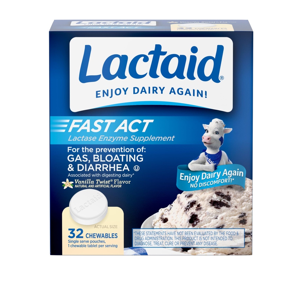 Lactaid Fast Act Lactose Intolerance Relief Chewables with Natural Lactase Enzyme to Prevent Gas, Bloating & Diarree Vanwege Lactose gevoeligheid, On-The-Go, Vanille Twist Flavor, 32 x 1 ct