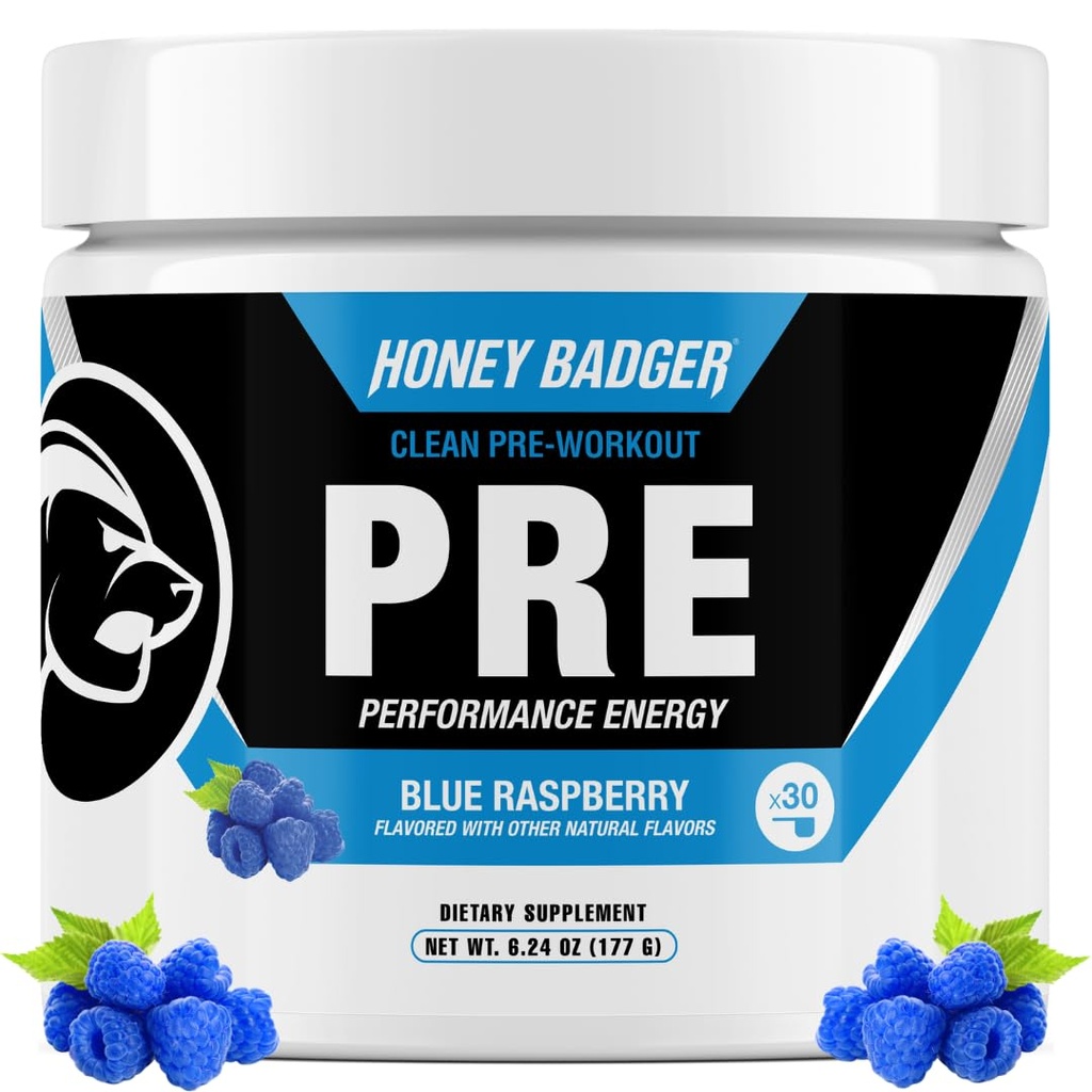 Honey Badger Pre Workout Powder, Keto Vegan Preworkout voor mannen & vrouwen, Beta Alanine & Cafeïne, Suikervrij Natural Energy Supplement, Blue Raspberry, 30 porties