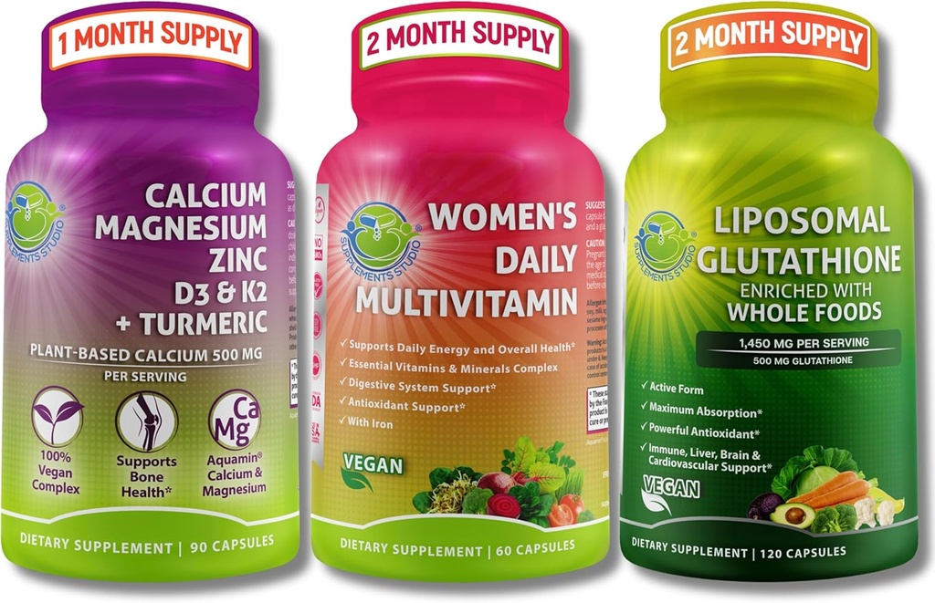 Multivitamine, Calcium & Liposomale Glutathion Trio - Plant-based Calcium, Magnesium, Zink, D3, K2 & Kurkuma + Vrouwen Dagelijks Multivitamine met IJzer + Liposomale Glutathion 500mg