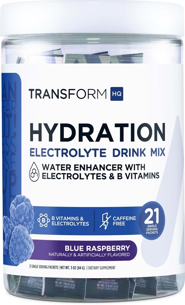 TransformHQ Hydration Drink Mix (21 Single-Serving Packets, Blue Raspberry) - Hydration Supplement Blend met Vitaminen en Elektrolyten