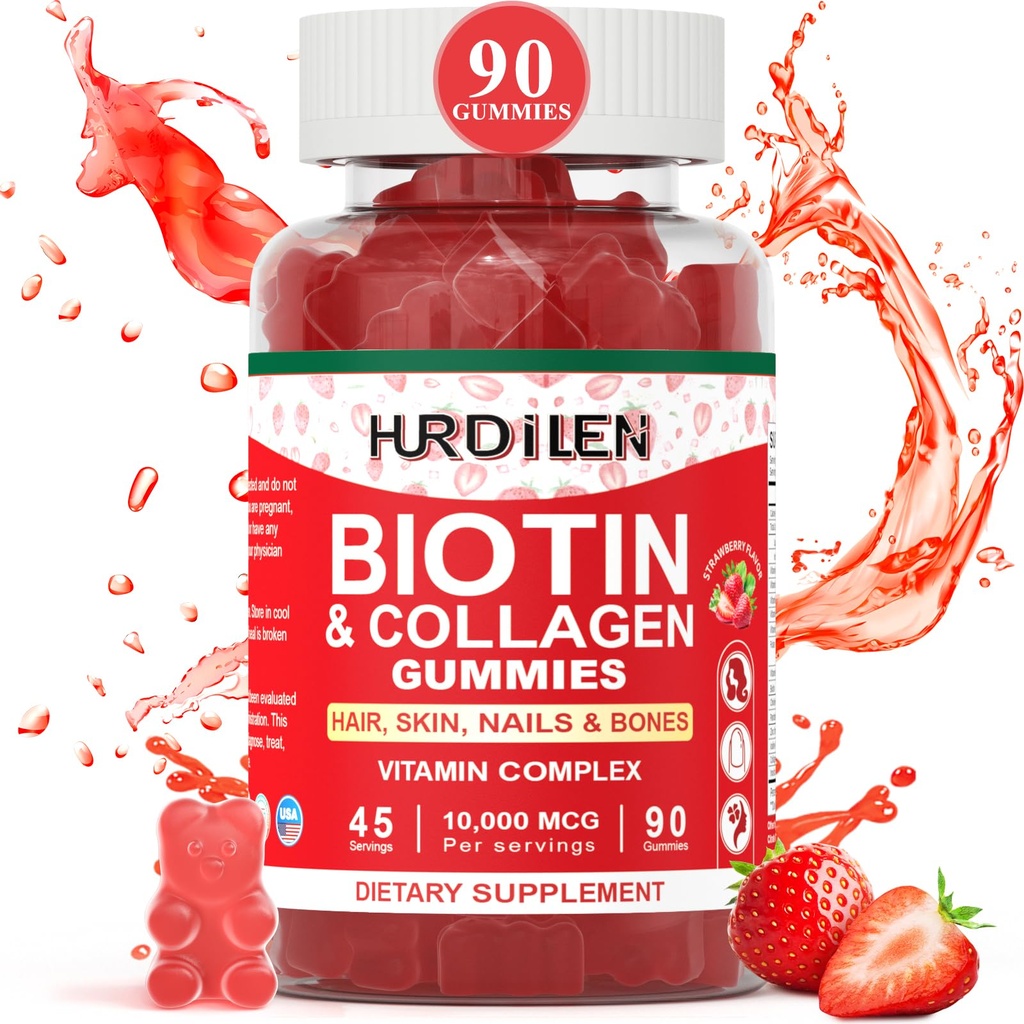 Hair Skin and Nails Gummies, 10000mcg Biotin Collageen Gummies for Women & Men, Vitamine supplementen ondersteunt snellere haargroei, sterkere nagels, gezonde huid, kracht bot, 90 Gummies