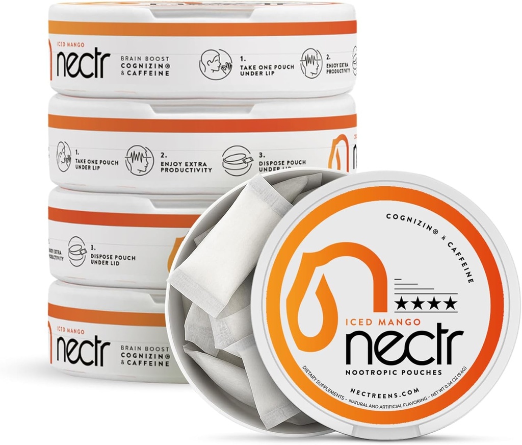 Nectr Energy Nootropic Pouches Iced Mango Flavored, Cafeine Pouches met Cognizin® Citicoline. Suikervrije hersenen. Glad, Sustained Focus & Energy Supplement - 5 Pucks van 16st