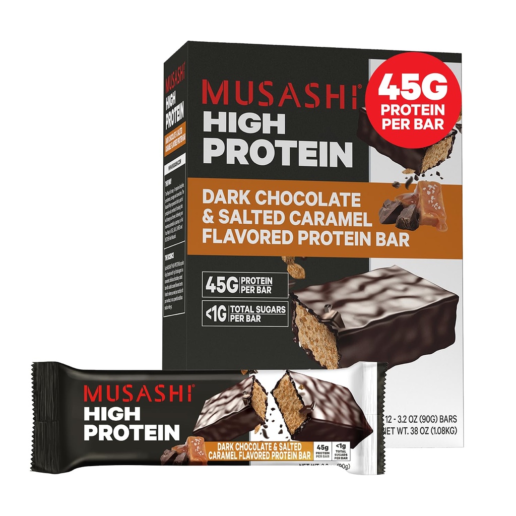 MUSASHI High Protein Bar, 45g Proteïne, < 1g Totaal Suikers, Donkere Chocolade en Gezouten Karamel, Post Workout en Proteïne Snack On The Go, 12 Pack of 3.2oz (90g) Bars