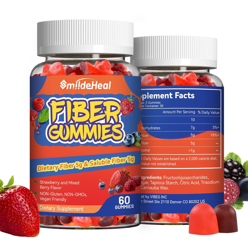 Vezel Gummies, Dieetvezels, voor vrouwen en mannen, Gut Health Support, Niet-GGO's, Niet-Gluten, Veganistisch, Gemengde Bessen en Aardbei Smaak, 120 Graaf Gummies