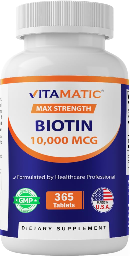 Vitamatic Biotin 10.000 mcg (10 mg) voor Sterker haar, huid en nagels - 365 Vegan tabletten- Ook genoemd vitamine B7
