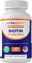 Vitamatic Biotin 10.000 mcg (10 mg) voor Sterker haar, huid en nagels - 365 Vegan tabletten- Ook genoemd vitamine B7