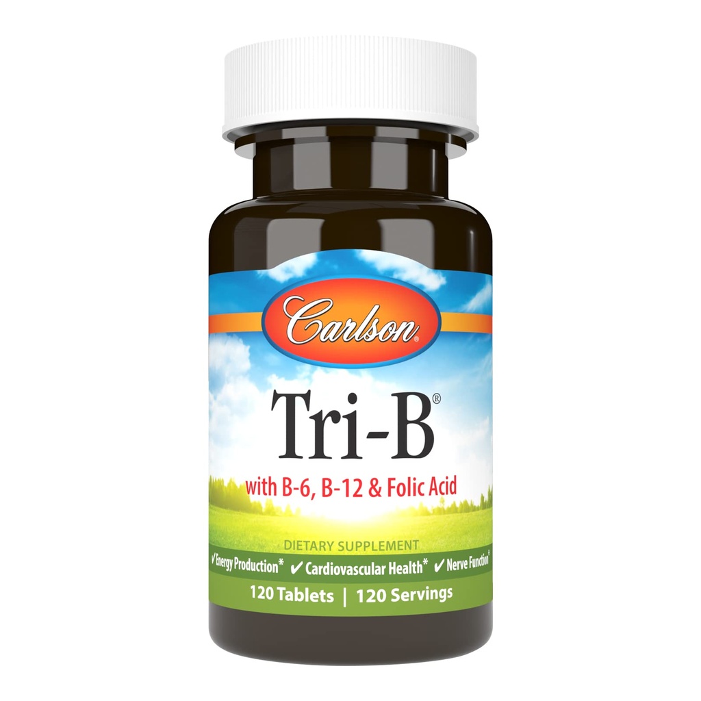 Carlson - Tri-B, Vitamine B Complex, 25 mg Vitamine B-6, 400 mcg Vitamine B-12, Foliumzuur Energie Pillen, Cardiovasculaire Gezondheid, B Complex Vitaminen, B12 Supplement, B Vitamine Complex, 120 Tablets