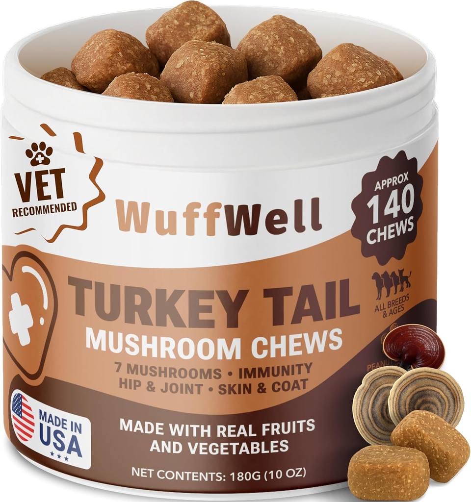 WuffWell Turkey Tail Champignons pour chiens – Supplément Champignons pour chiens Immune Support – Aide Lumps & Bumps – Poudre de Champignon pour chien – Recommandé – Poudre de Champignons pour chien – Fabriqué aux États-Unis