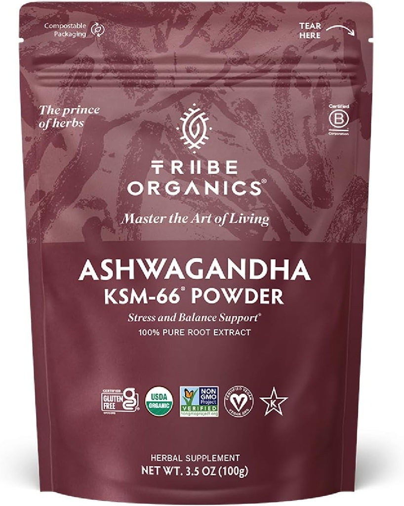 TRIBE ORGANISCS KSM-66 Ashwagandha Root Extract Powder Ayurvedic Herb for Mood Support 
