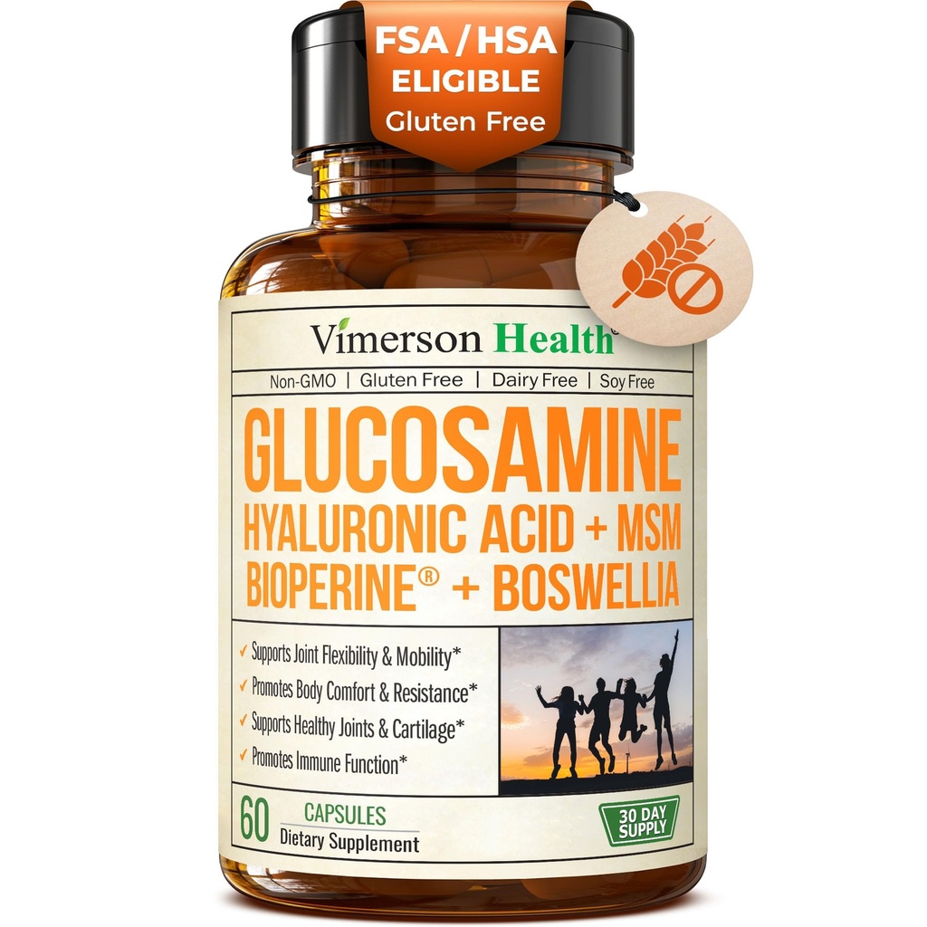 Sulfate de glucosamine avec acide hyaluronique, boswellie, poivre noir et supplément MSM – Suppléments articulaires 5-en-1 pour les hommes et les femmes – Santé conjointe, mobilité et force osseuse – ASF admissible 60 capsules