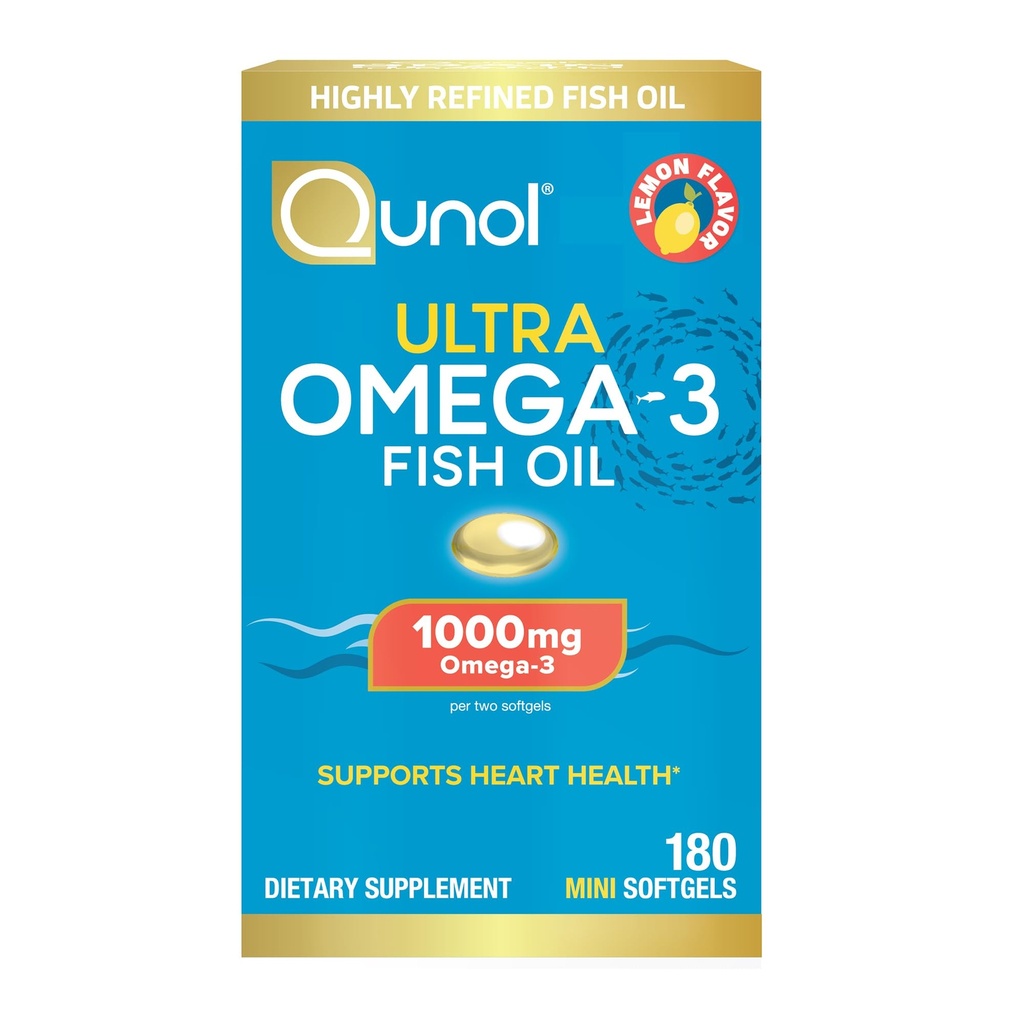 Qunol Visolie Omega 3 Mini Softgels, 1000mg Omega 3 EPA + DHA, Ultra Pure Supplementen, Hartgezondheidsondersteuning, Citroensmaak, Gemakkelijk doorslikken Minis, 3 maanden levering, 180 Tellen