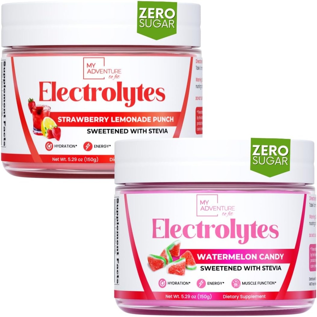 My Adventure to Fit Refreshing Hydration Electrolytes Powder with Zero Sugar, Bundle, Watermeloen Candy & Strawberry Limonade Flavors