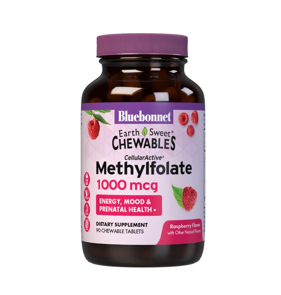 Bluebonnet EarthSweet Methylfolaat 1000 mcg Cellular Active Coenzyme 5-MTHF L Methylfolaatsupplement - Prenatale en energiesteun - non-GMO, veganistisch, glutenvrij - framboos - 90 Kauwtabletten