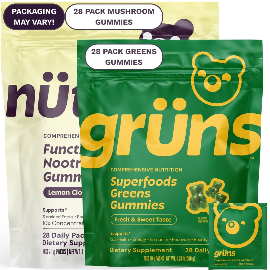 Gruns Superfood Green + New Nütrops Gummy Bundle, Organic Nutritional Supplement 2 x 28 Pack: Multivitamine, prebiotica, adaptogens + Nootropic Mushroom Herbal Supplement to Support Mood, Focus, Gut
