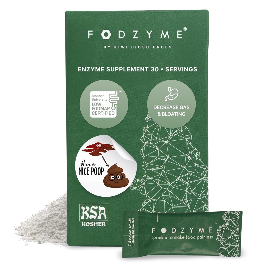 FODZYME® On-The-Go Decompensative Enzymes for Gut Health, Relief for Bloating, Gas, Constipatie, diarree, buikpijn, lage FODMAP, 30 doses