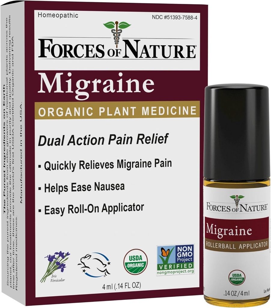 Natuurkrachten Natuurlijke, Organische Migraine Pijnverlichting Topische Roll-on, Ondersteunt Prodrome, Aura, Hoofdpijn, Vermoeidheid, Licht en Geluid Gevoeligheid, Misselijkheid geassocieerd met Migraines, Non-GMO, 0,14 Fl Oz