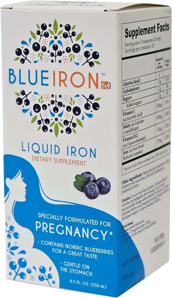 Supplément minéral liquide de grossesse, fer, fabriqué avec des bleuets nordiques de Finlande pour un grand goût, plein d'antioxydants bénéfiques, 8,5 fl oz