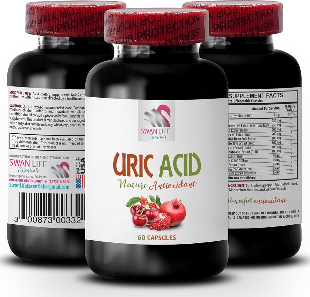 Cristaux d'acide urique - Acid URIC - Test d'acide urique, contrôle de l'acide urique, formation d'acide urique, accumulation d'acide urique, capsules d'extrait de cerise de tart, pilules de cerise de tart, extrait de fève de café vert 1Bot 60Caps